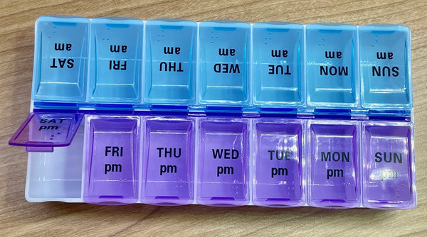 SMALL Weekly pill organiser, 2 times a day (Purple and Blue)