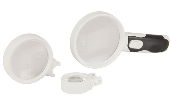 2 LED Hand held magnifier with Interchangeable lens (2.5x, 5x and 16x)