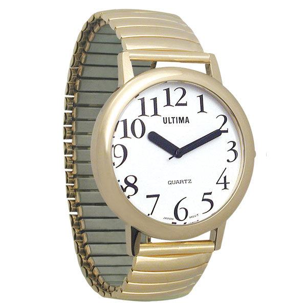 Ultima Low Vision Watch - Unisex. Gold expandable wrist band. White Face